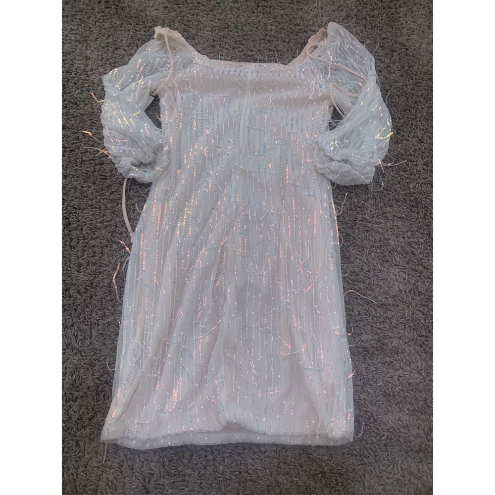 As U Wish Ivory Sequin Fringe Mini Dress Square Neck Puff Sleeve XS A66869E07 - Picture 7 of 7